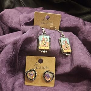 Tipi Western Portrait Dangle Earrings & Western Crystal Heart Post Earrings